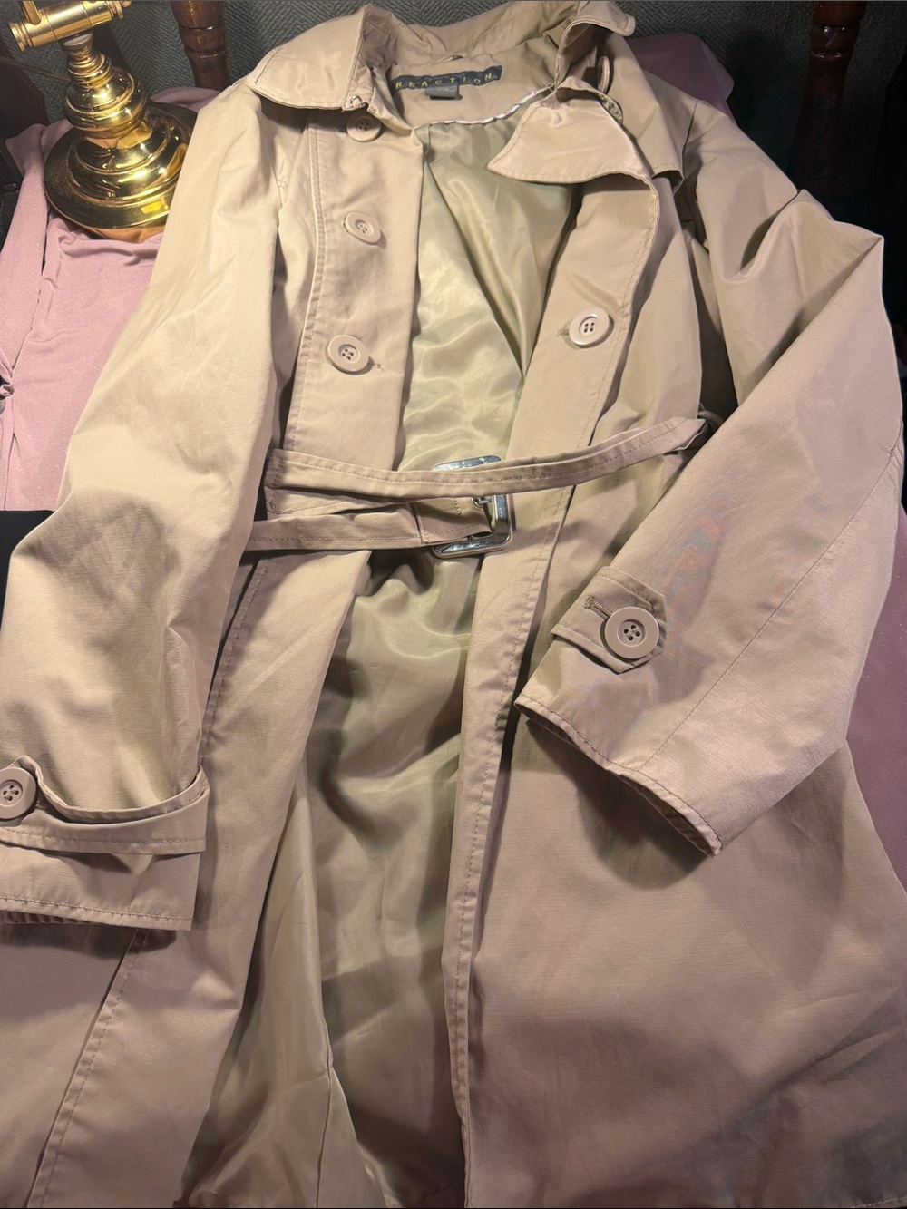Kenneth Cole Reaction Beige Double-Breasted Trench Coat with Belt